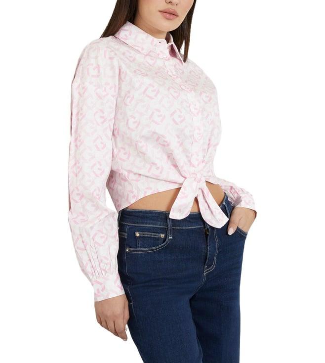 guess women's pink cotton printed slim fit full sleeves shirt