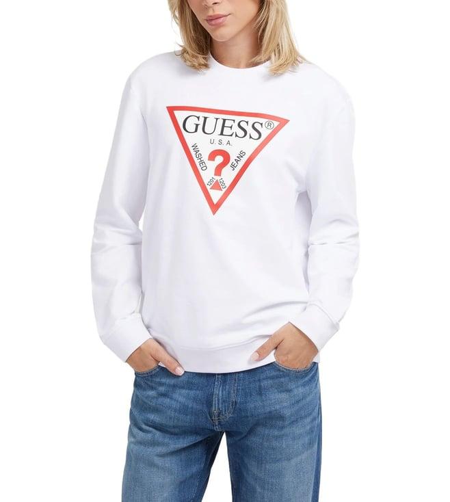 guess men's white cotton blend printed regular fit round neck full sleeve sweatshirt