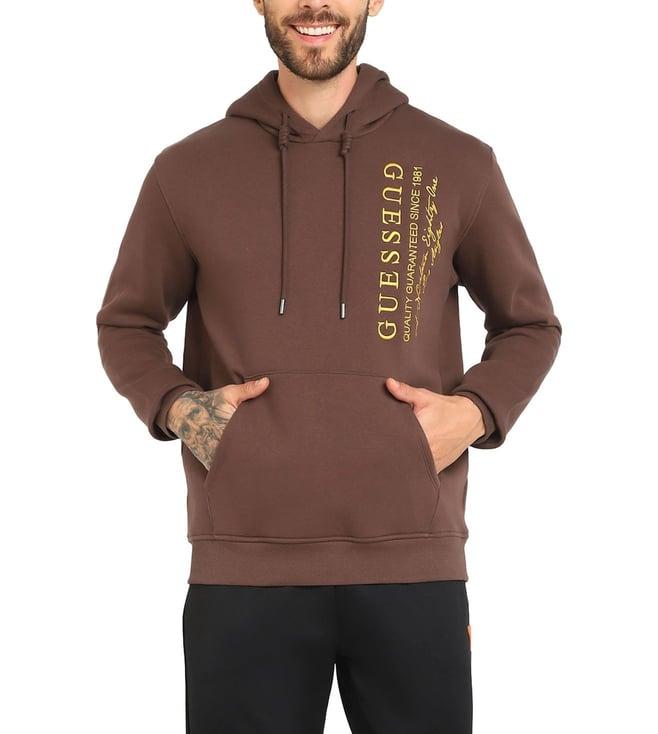 guess men's brown polycotton embroidered regular fit hooded neck full sleeve sweatshirt