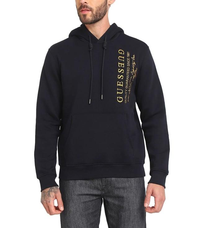 guess men's black polycotton embroidered regular fit hooded neck full sleeve sweatshirt