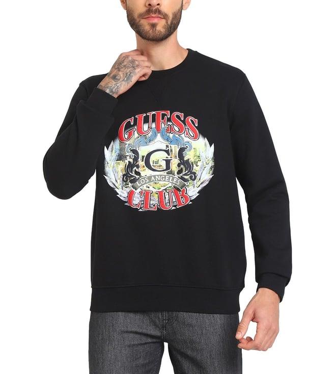 guess men's black polycotton printed regular fit crew neck full sleeve sweatshirt