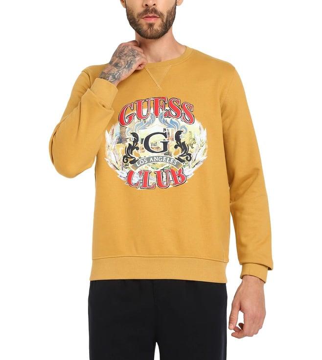 guess men's mustard polycotton printed regular fit crew neck full sleeve sweatshirt