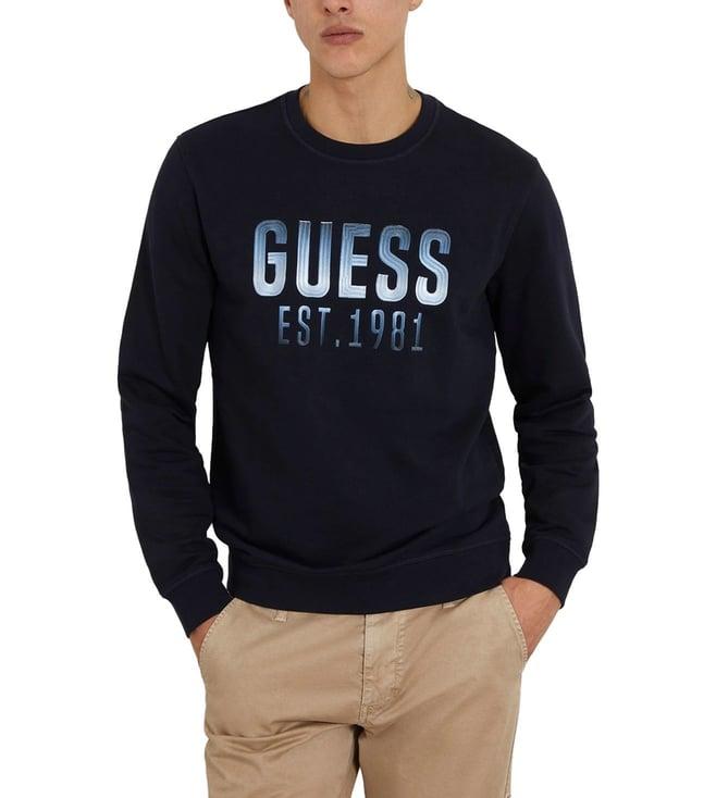 guess men's blue polycotton printed regular fit round neck full sleeve sweatshirt