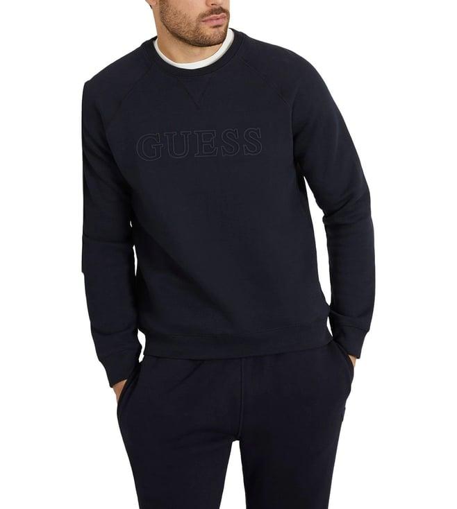 guess men's navy blue polycotton printed regular fit round neck full sleeve sweatshirt