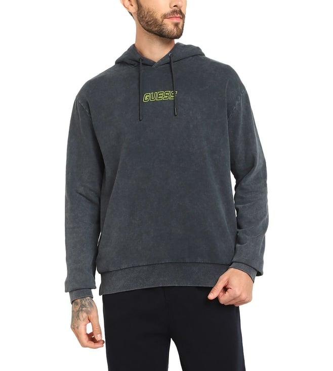 guess men's grey cotton logo regular fit hooded neck full sleeve sweatshirt