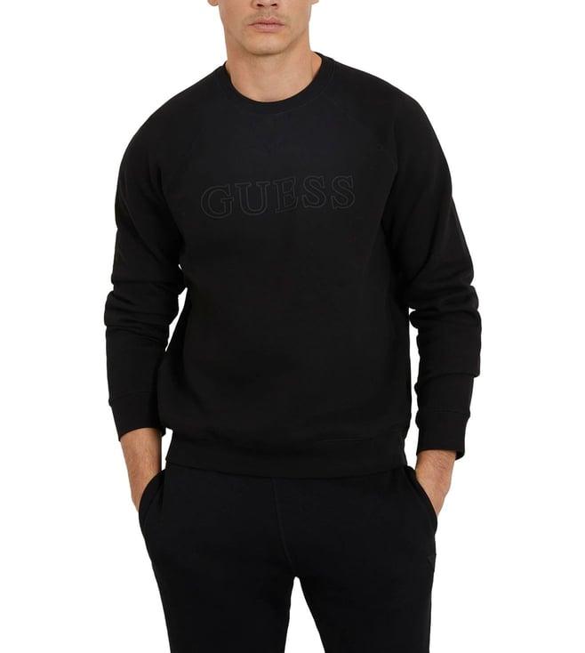 guess men's black polycotton printed regular fit round neck full sleeve sweatshirt