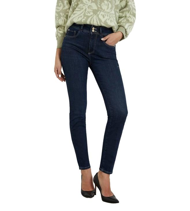 guess women's blue cotton solid skinny fit jeans