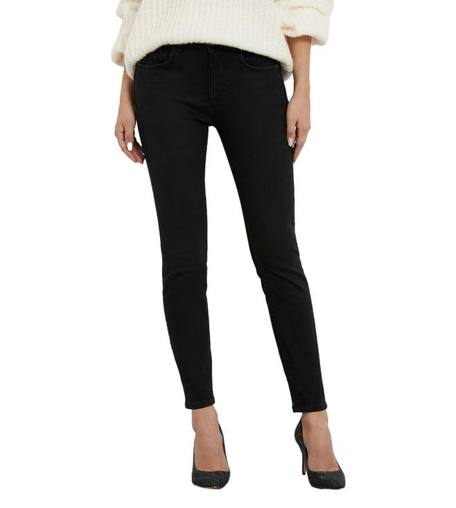 guess women's black cotton solid skinny fit jeans