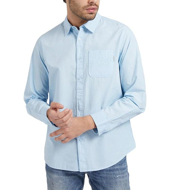 guess men's blue cotton solid slim fit shirt