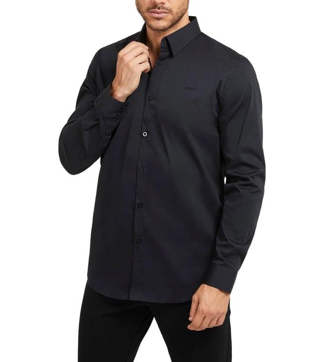 guess men's black cotton solid slim fit shirt