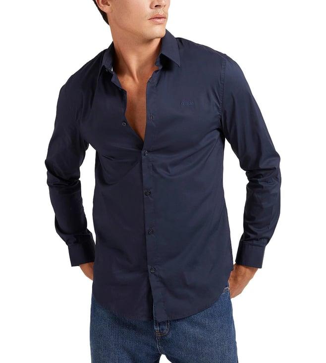 guess men's navy blue cotton solid slim fit shirt