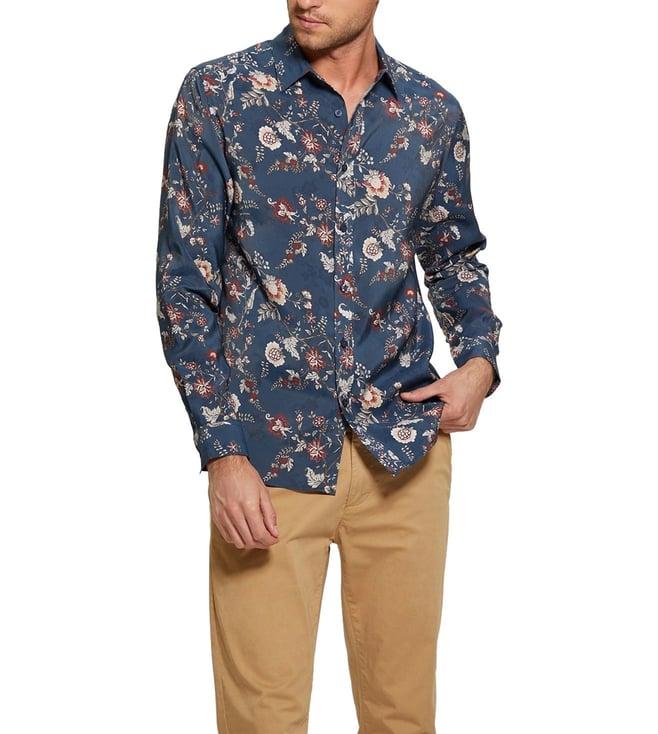 guess men's blue modal floral regular fit shirt