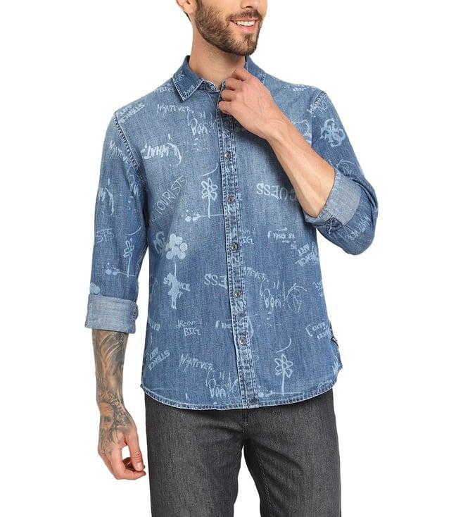 guess men's blue cotton printed regular fit shirt