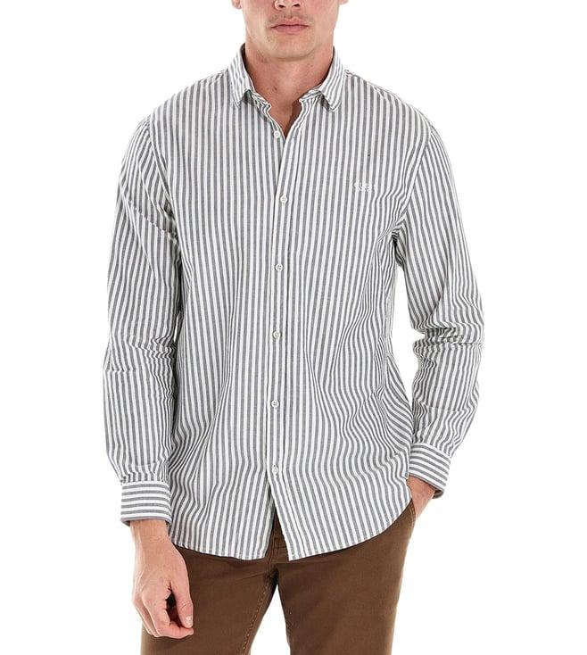 guess men's blue cotton stripes regular fit full sleeves shirt