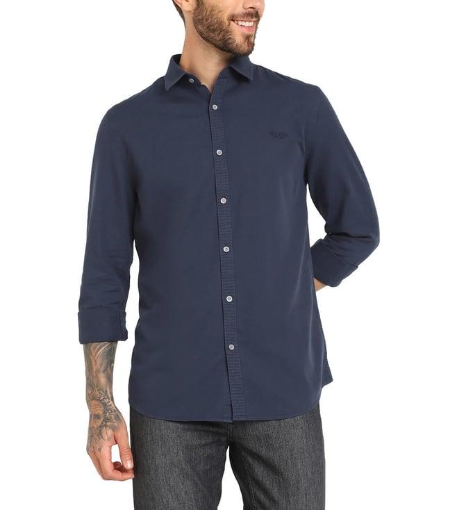 guess men's blue cotton solid regular fit full sleeves shirt