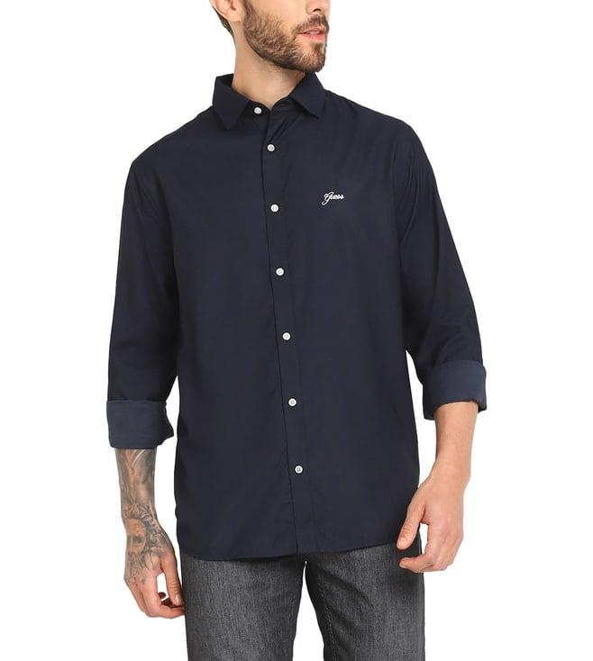 guess men's navy blue viscose solid regular fit spread collar full sleeve shirt