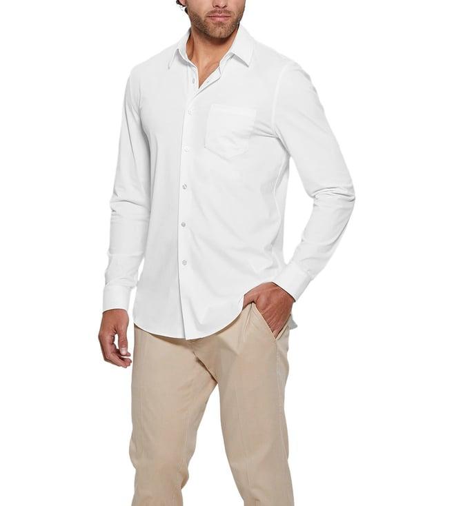 guess men's white polyamide solid slim fit spread collar full sleeve shirt