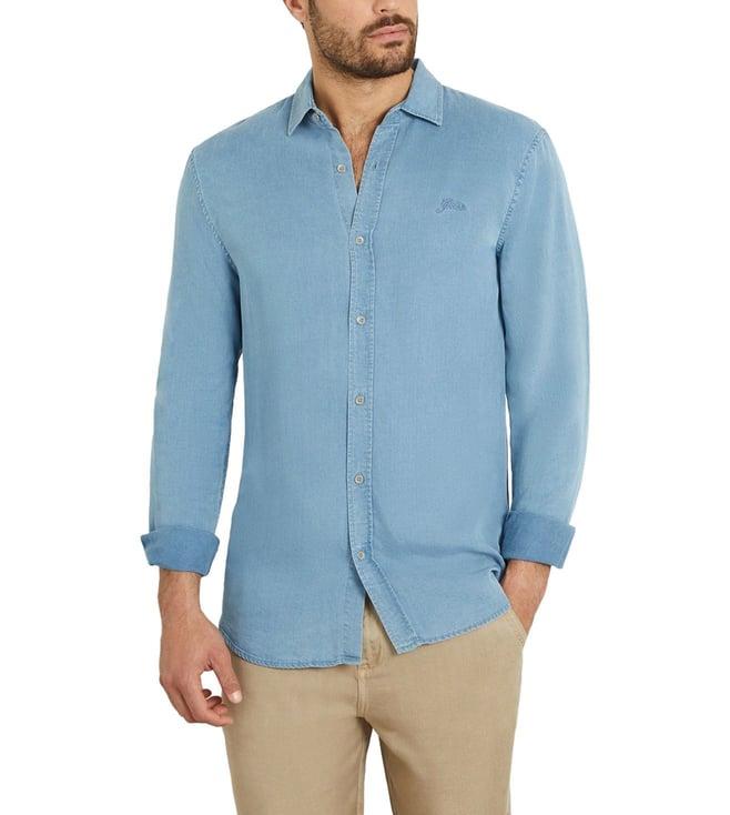 guess men's blue lyocell solid slim fit spread collar full sleeve shirt