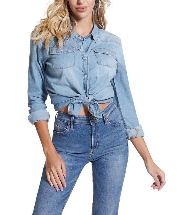 guess women's blue lyocell solid regular fit shirt