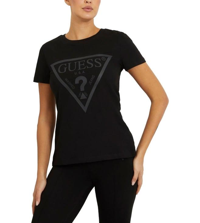 guess women's black cotton printed regular fit round neck short sleeve t-shirt