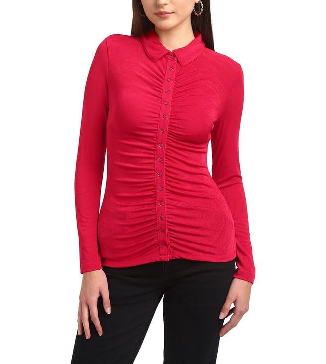 guess women's red polyester solid regular fit top