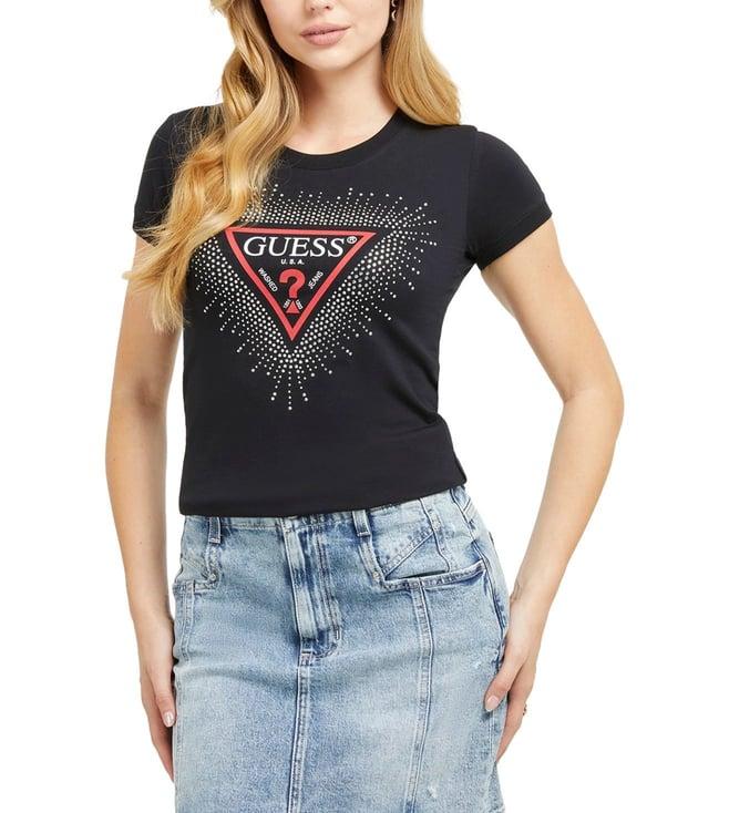 guess women's black cotton embellished slim fit t-shirt