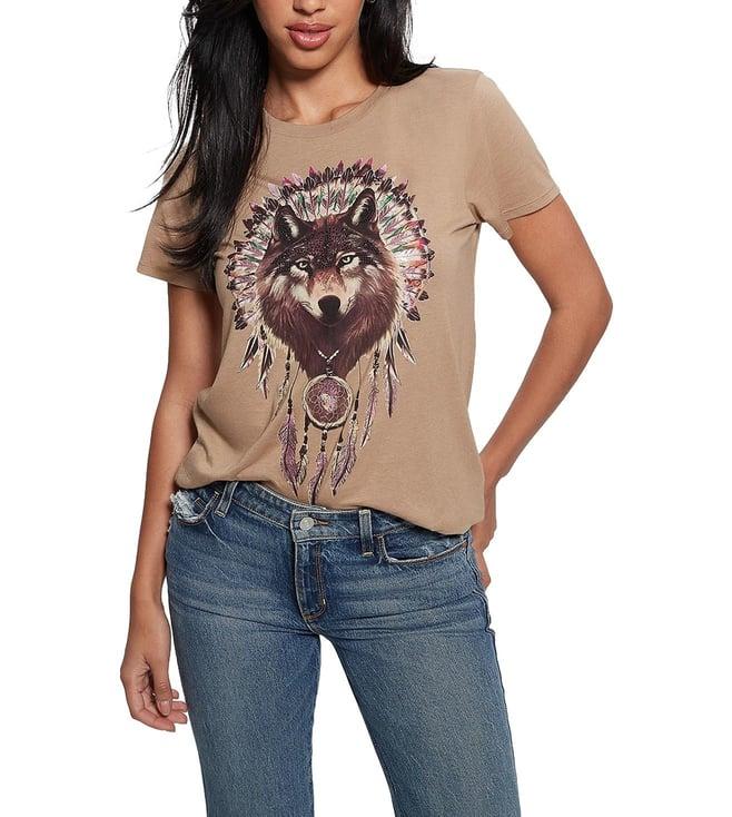 guess women's brown cotton animal print regular fit t-shirt