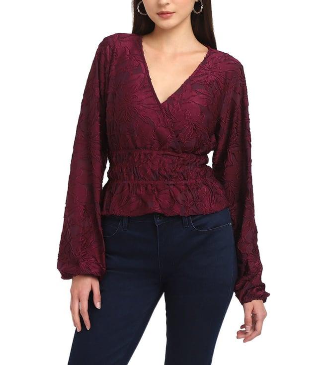 guess women's maroon polyester self design regular fit top