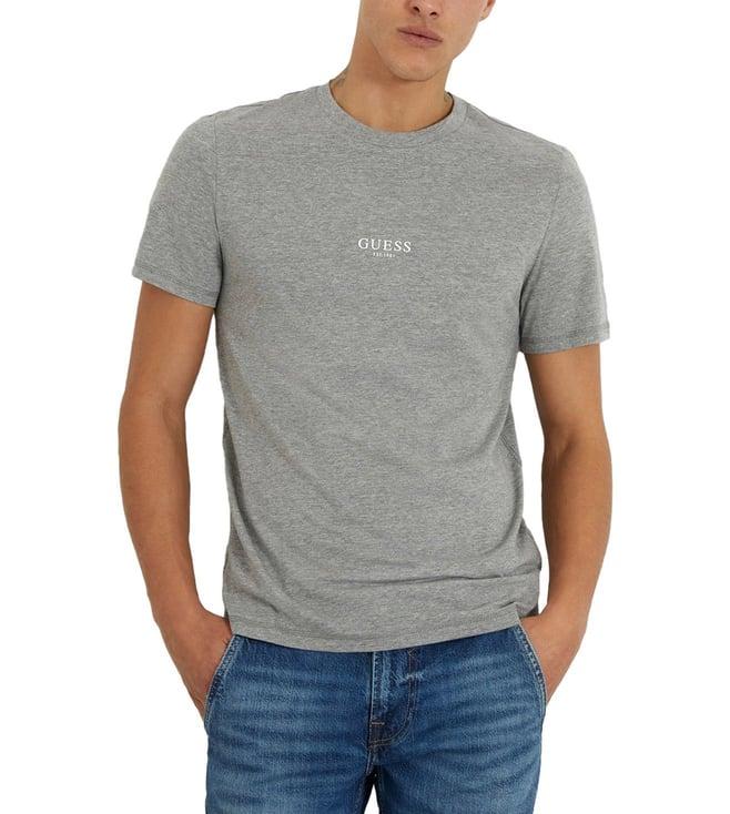 guess men's grey melange cotton solid regular fit round neck short sleeve t-shirt