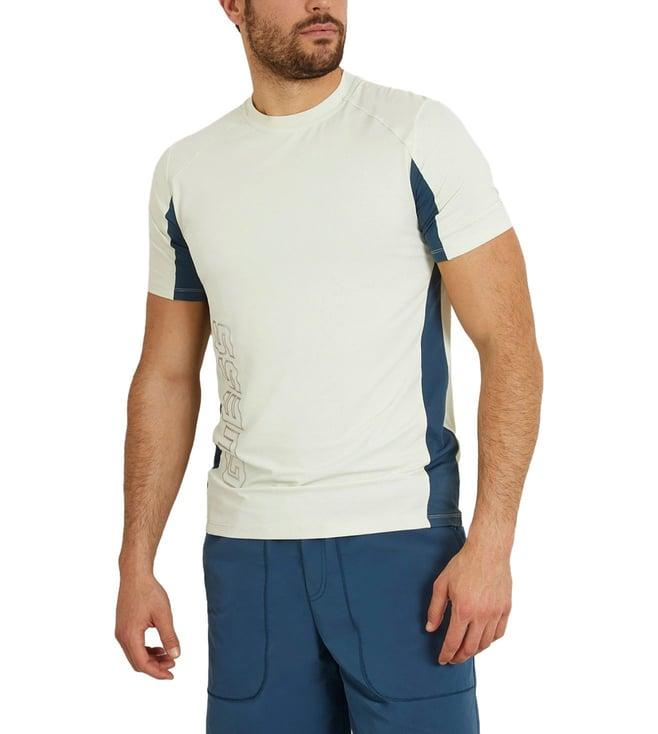 guess men's cream polyamide colourblock regular fit crew neck short sleeve t-shirt