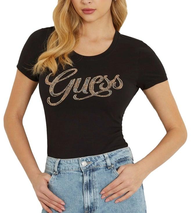 guess women's black cotton embellished regular fit half sleeves t-shirt