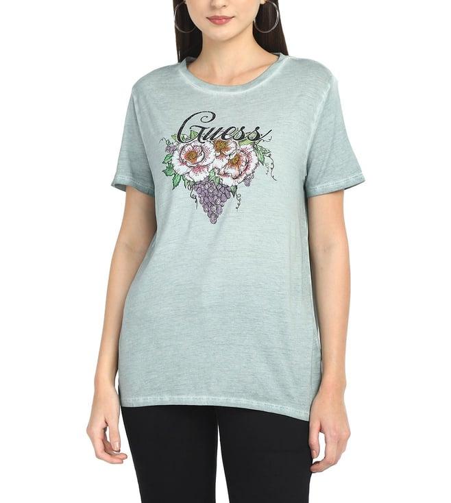 guess women's sage green cotton blend printed regular fit round neck short sleeve t-shirt