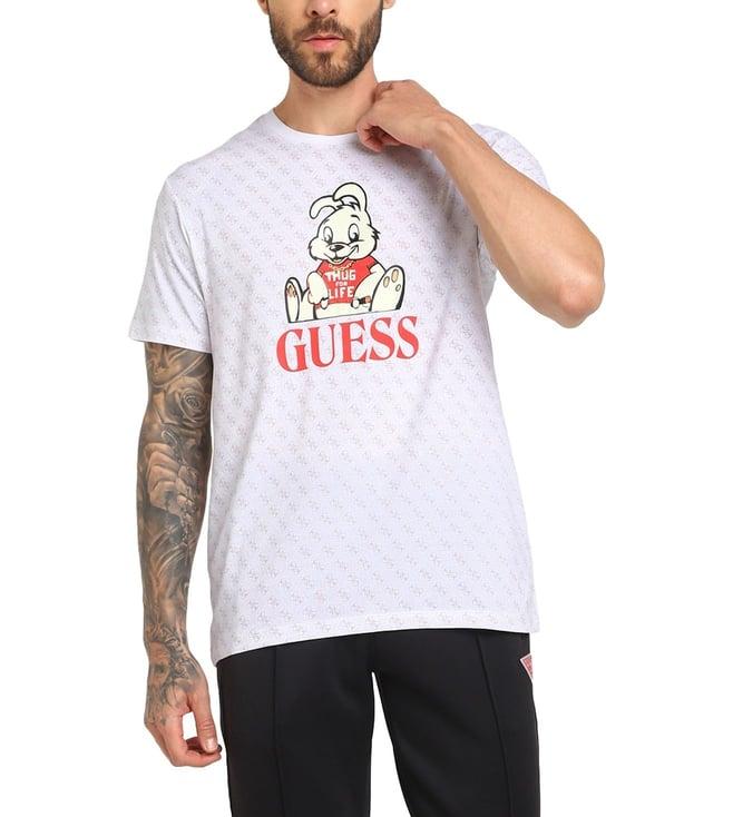 guess men's white cotton blend printed slim fit round neck short sleeve t-shirt