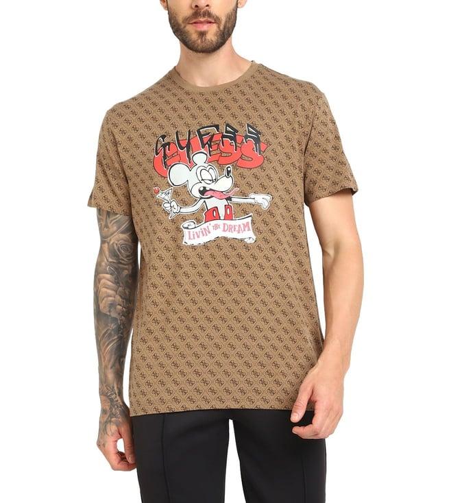 guess men's brown cotton blend printed slim fit round neck short sleeve t-shirt