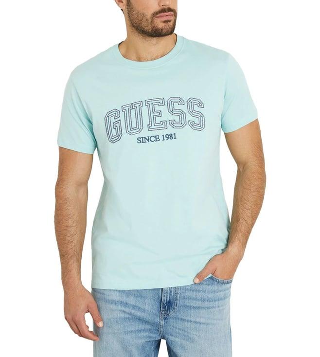 guess men's turquoise cotton printed regular fit crew neck short sleeve t-shirt