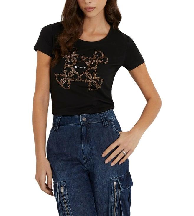 guess women's black cotton printed slim fit half sleeves t-shirt