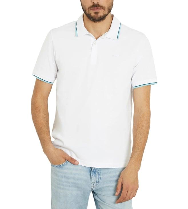 guess men's white cotton blend solid slim fit spread collar short sleeve polo t-shirt