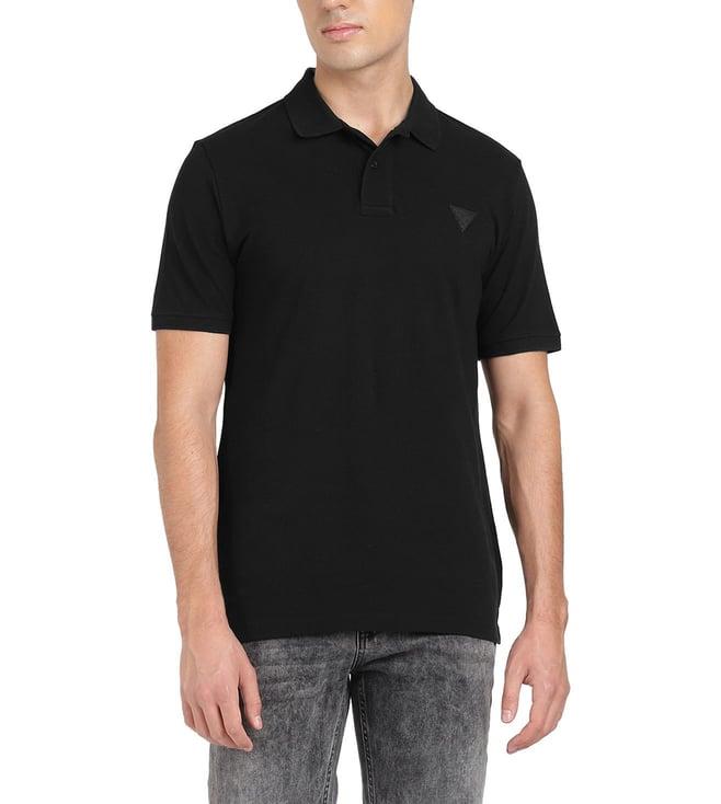 guess men's black cotton solid regular fit spread collar short sleeve polo t-shirt