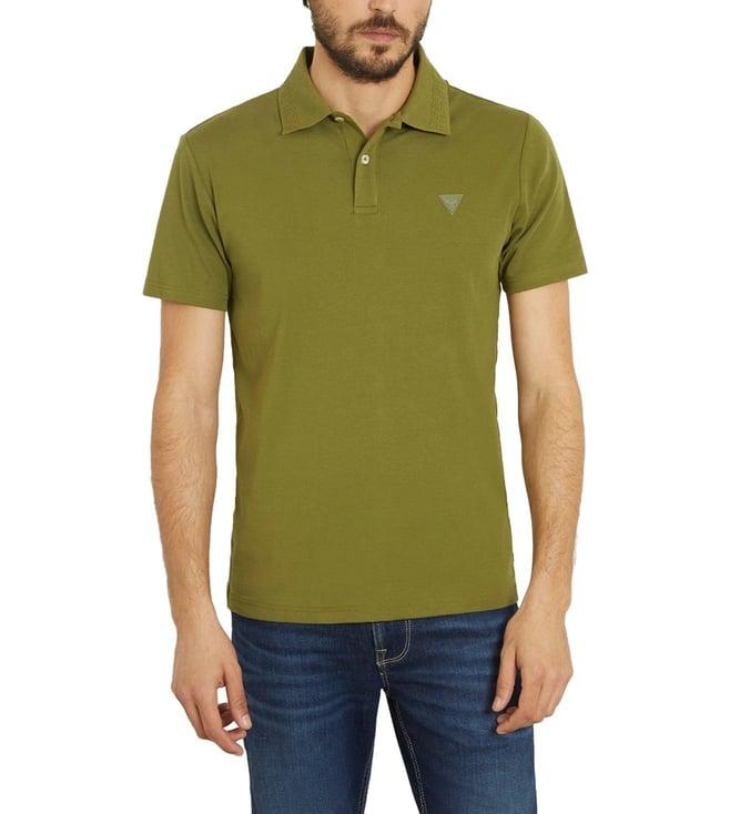 guess men's olive cotton blend solid slim fit spread collar short sleeve polo t-shirt