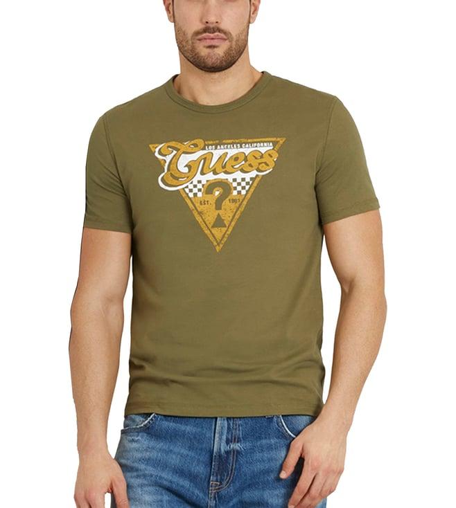 guess men's olive cotton printed regular fit crew neck short sleeve t-shirt