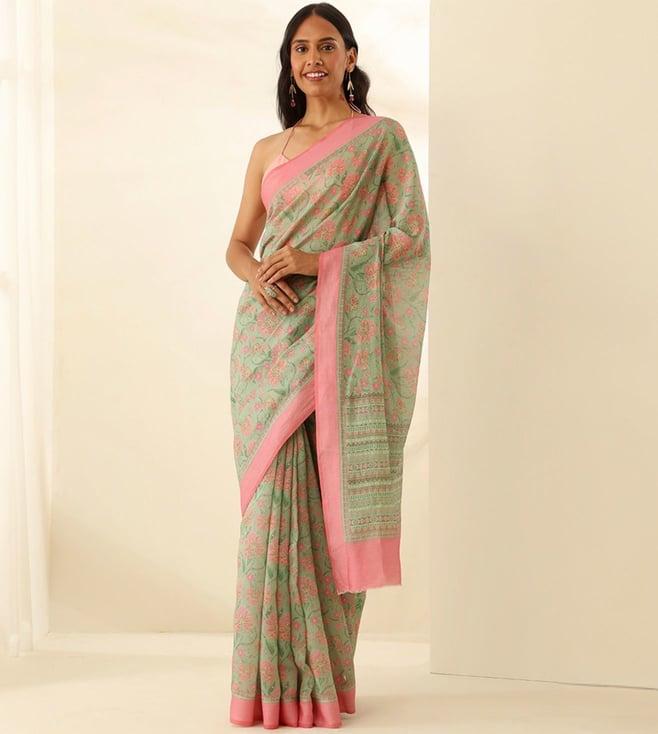 taneira green silk cotton printed saree