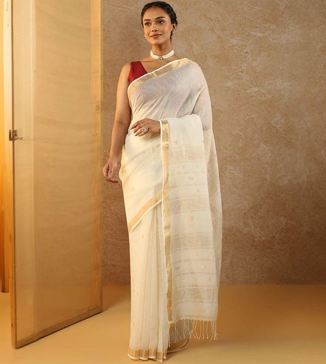 taneira white woven pure silk cotton bengal saree