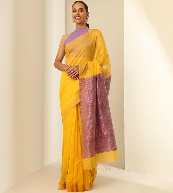 taneira yellow silk cotton woven design saree