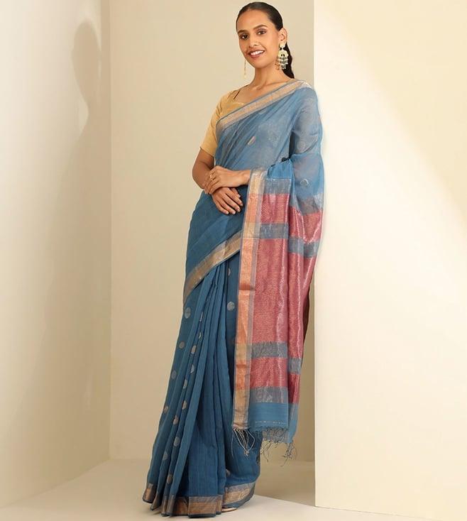 taneira blue silk cotton woven design saree