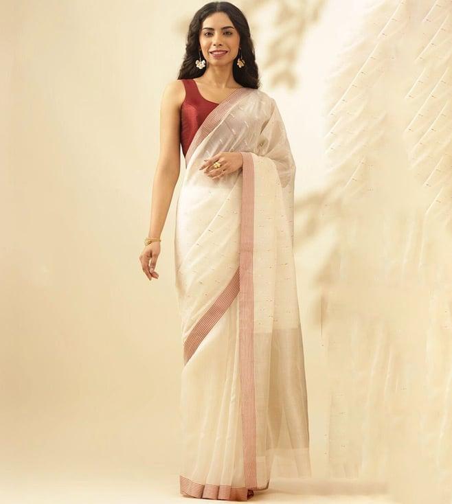 taneira white woven pure silk cotton chanderi saree