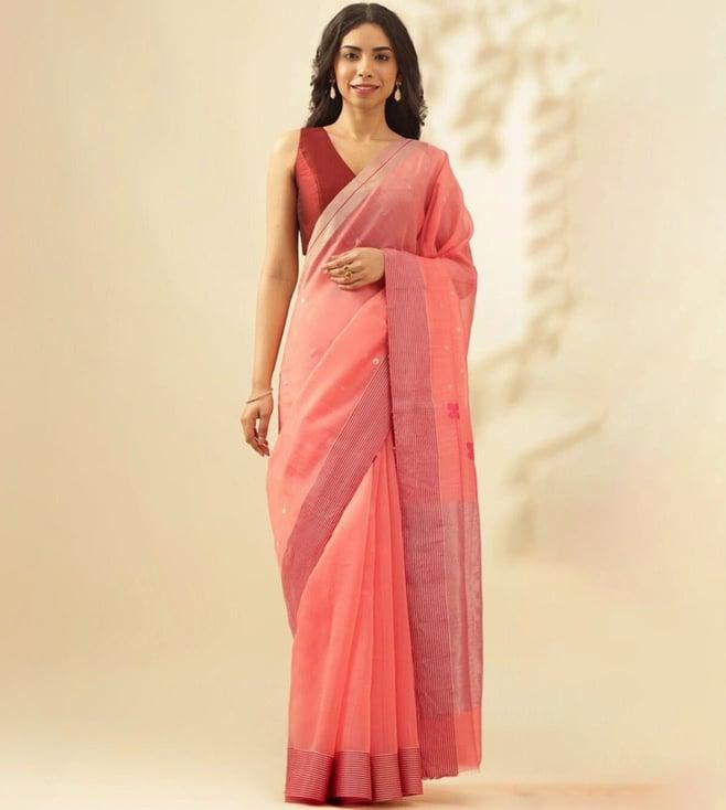 taneira pink woven pure silk cotton chanderi saree