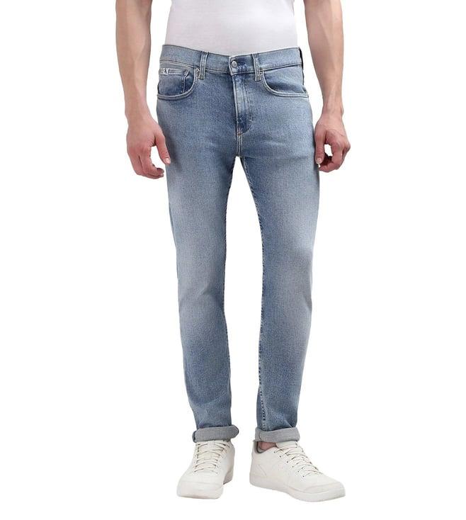 calvin klein men blue washed skinny fit mid-rise jeans