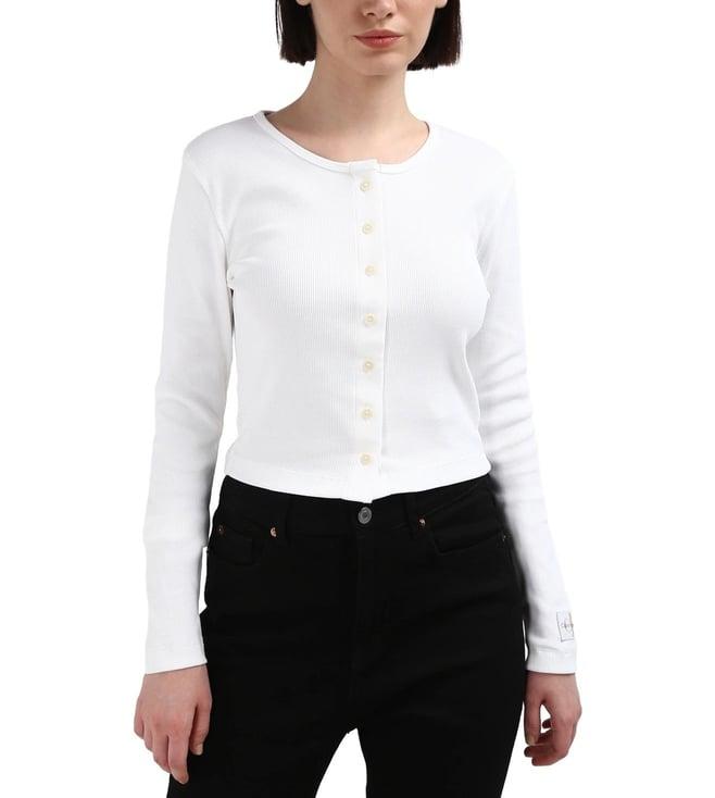 calvin klein women white solid round neck full sleeves top