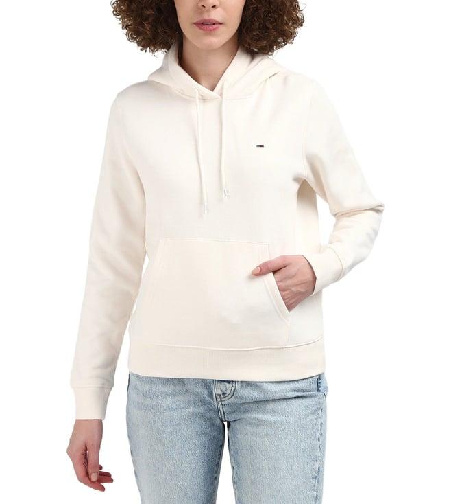 tommy hilfiger ancient white solid cotton women's pullover hoodie