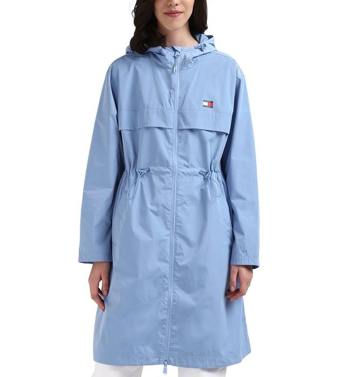 tommy hilfiger women westside blue solid hooded knee length coat